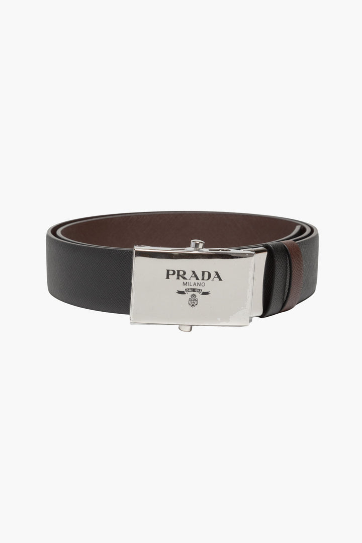 Cintura Prada in pelle nera-marrone con fibbia argentata - Made in Italy