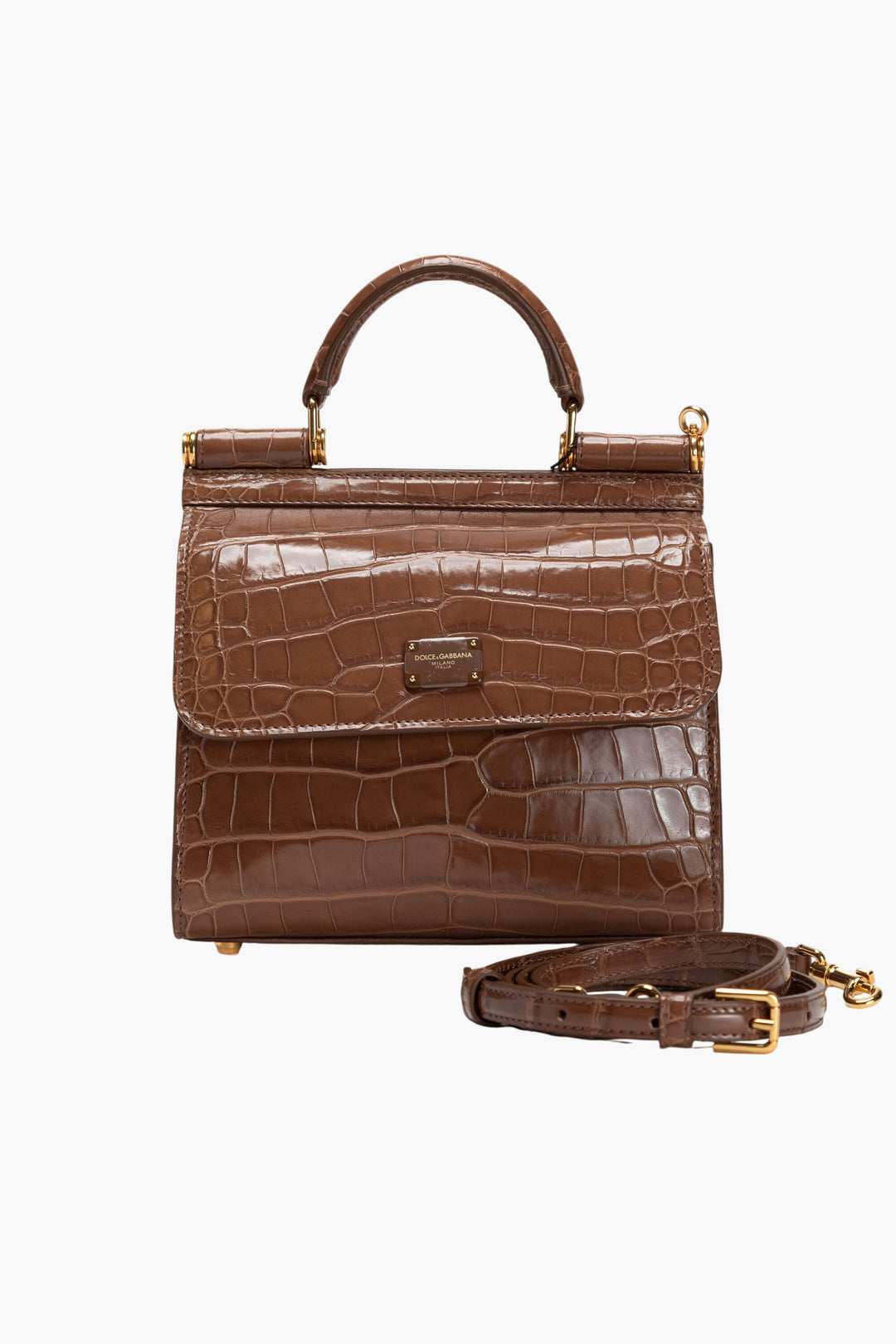 Dolce & Gabbana Beige Crocodile-Embossed Handbag with Gold-Tone Hardware