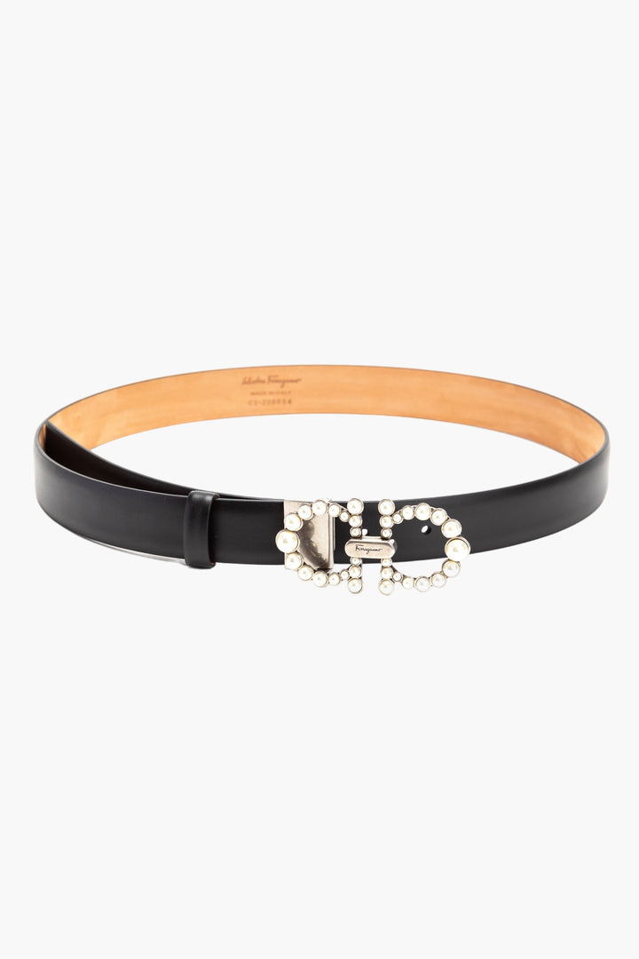 Salvatore Ferragamo Black Leather Belt with Pearl-Accented Gancini Buckle