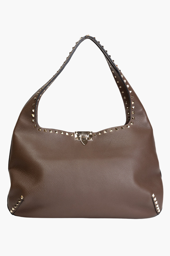 Valentino Bags Brown-Gold Leather Bag with Rockstud Details - Made in Italy