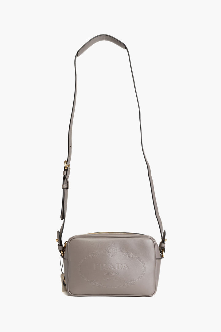 Prada Elegant Grey Leather Bag with Adjustable Shoulder Strap