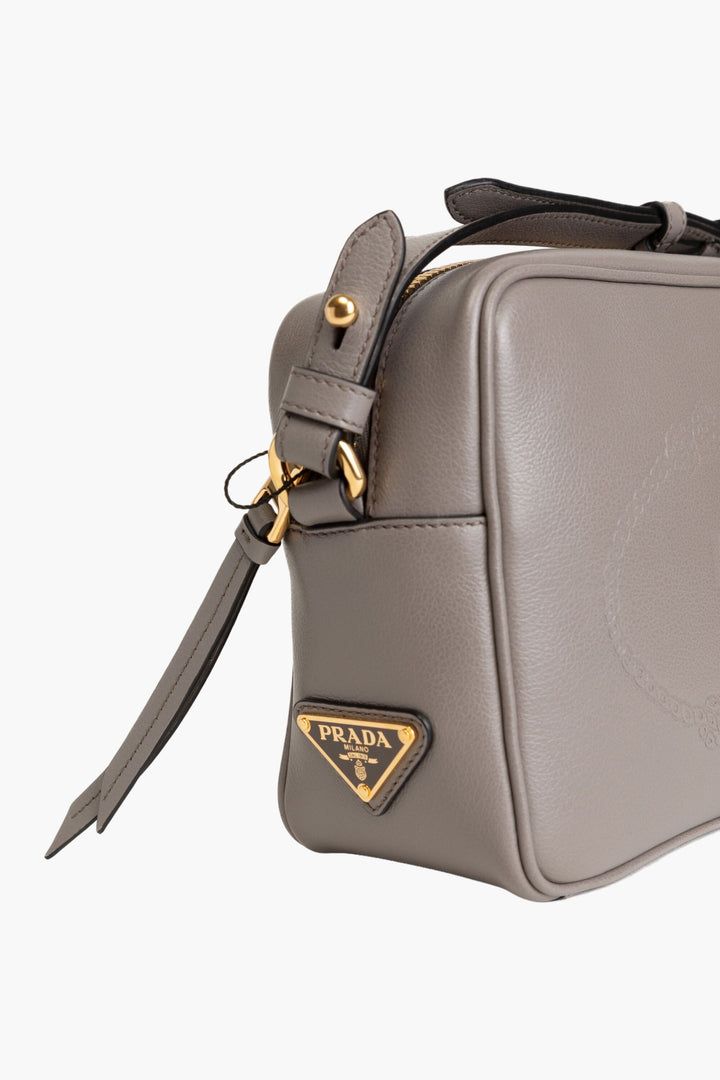 Prada Elegant Grey Leather Bag with Adjustable Shoulder Strap