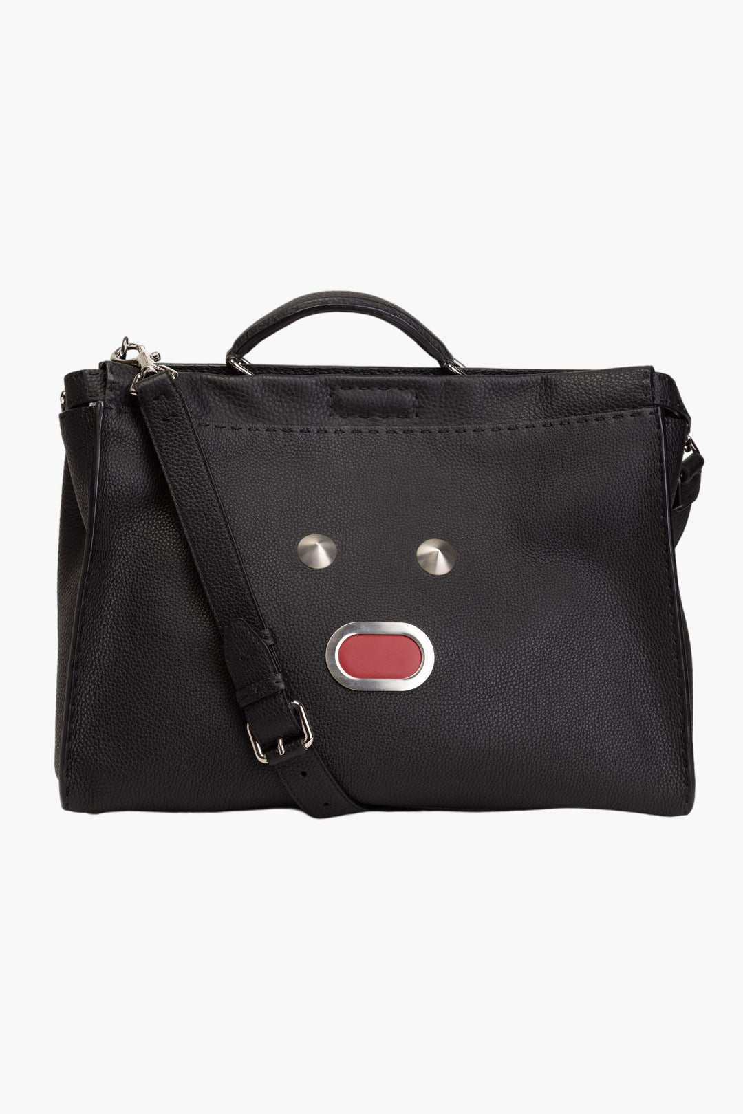 Fendi Bags Elegant Black Leather Handbag with Stud Embellishments and Face Design Made in Italy