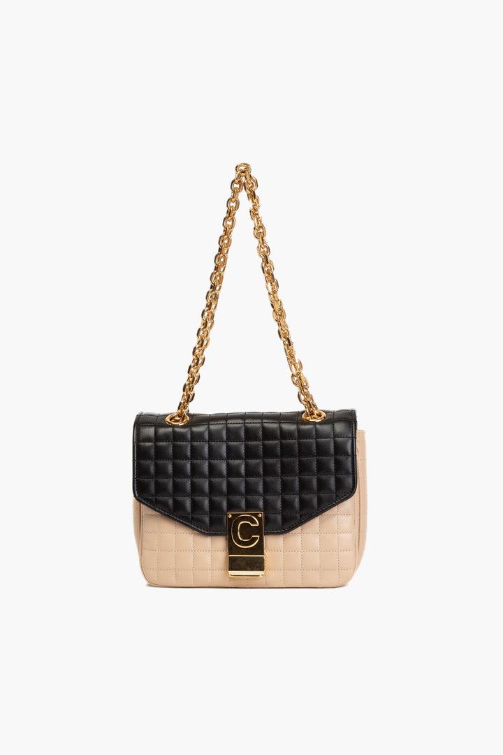 Céline Bags Black-Beige Dual-Tone Quilted Design with Gold Chain Strap