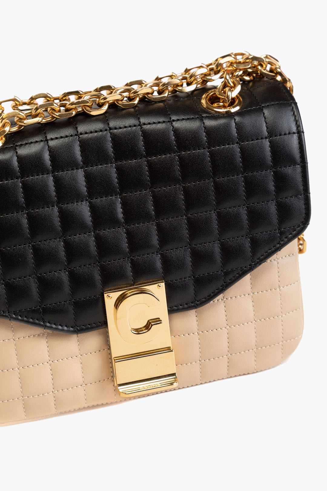 Céline Bags Black-Beige Dual-Tone Quilted Design with Gold Chain Strap