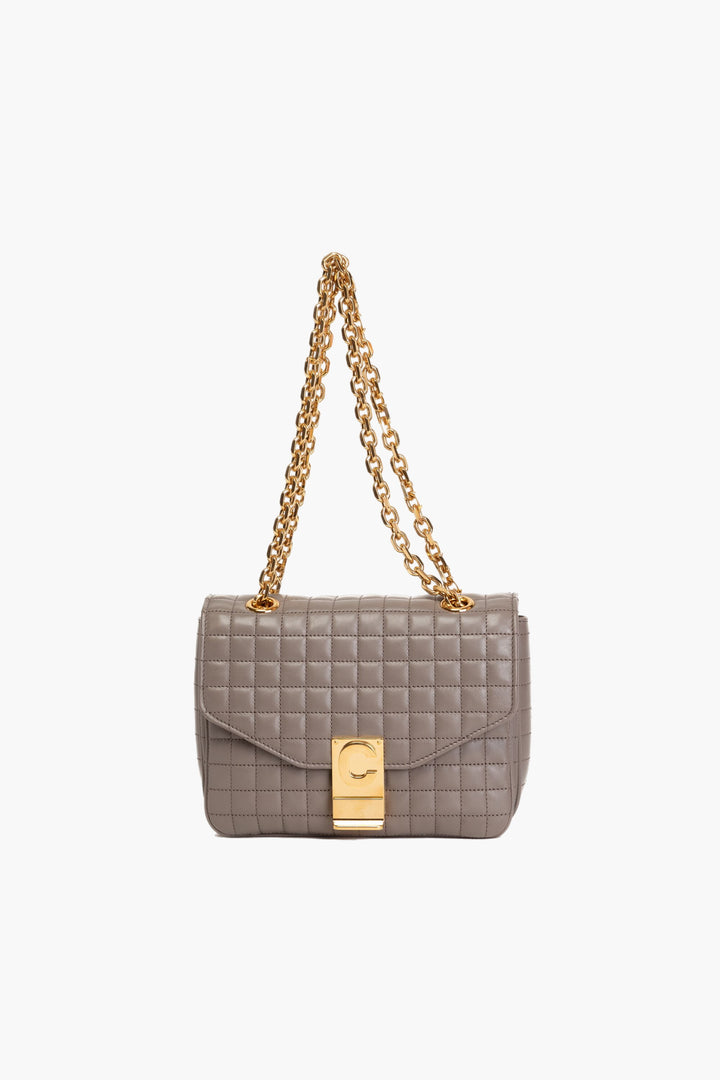 Céline Luxury Grey Quilted Bag with Gold-Tone Chain Strap - Made in Italy