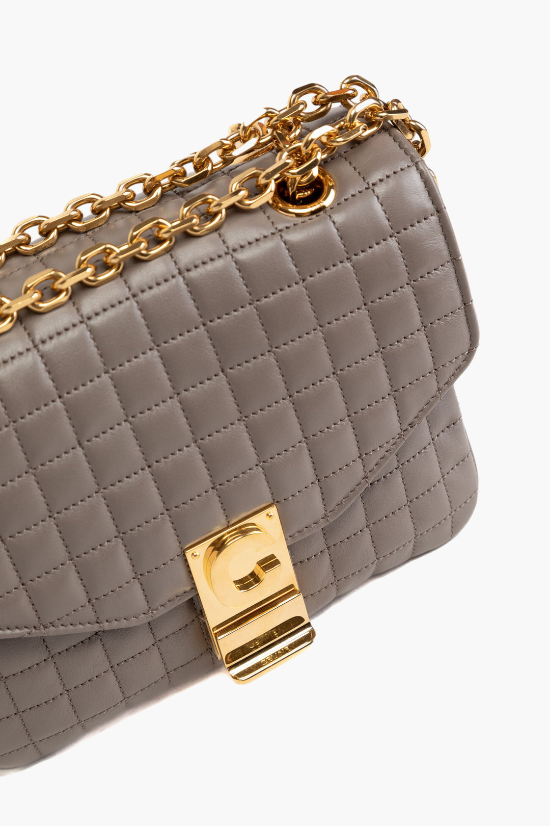 Céline Luxury Grey Quilted Bag with Gold-Tone Chain Strap - Made in Italy