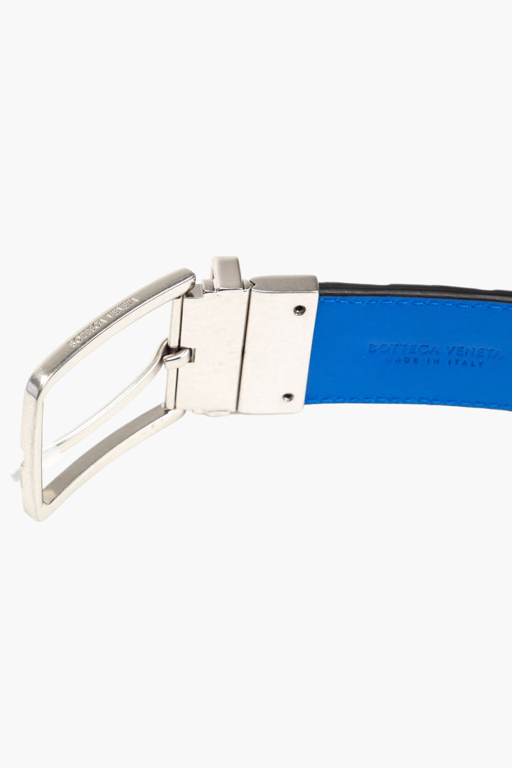 Bottega Veneta Reversible Intrecciato Leather Belt in Black-Blue