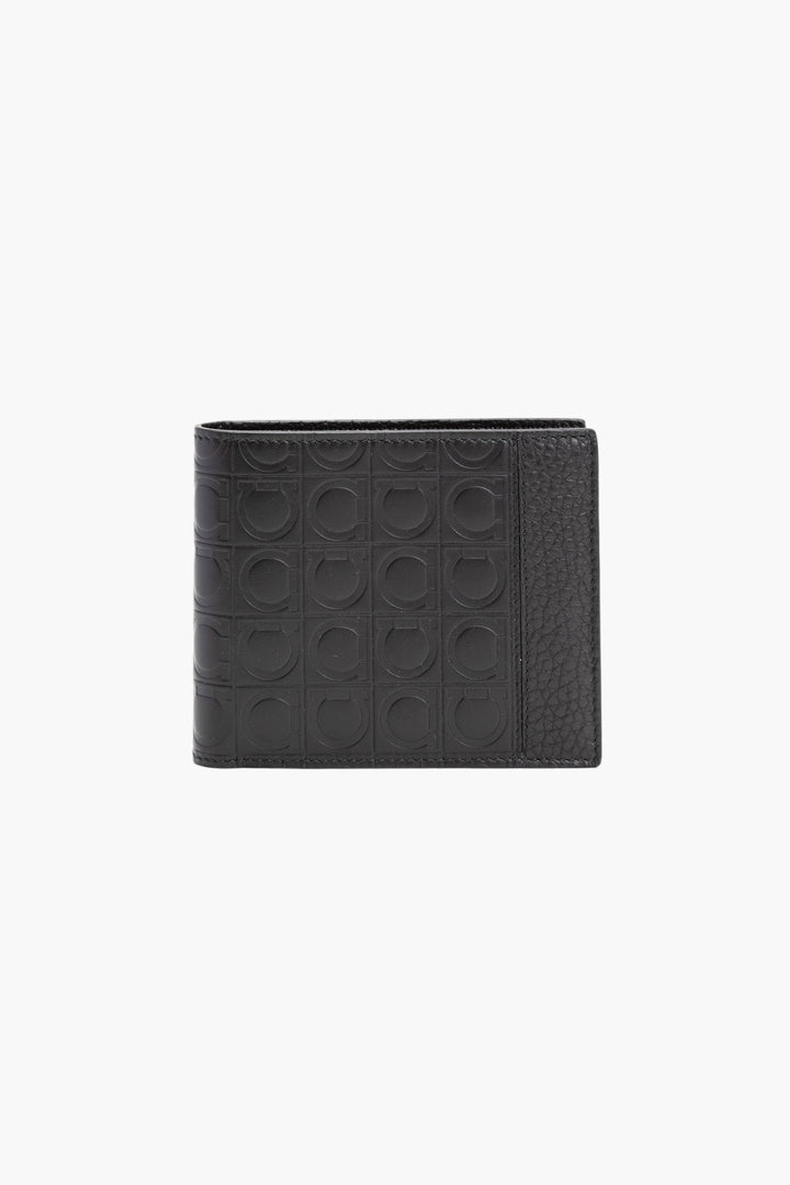 Salvatore Ferragamo Black Leather Wallet with Embossed Gancini Pattern, Made in Italy