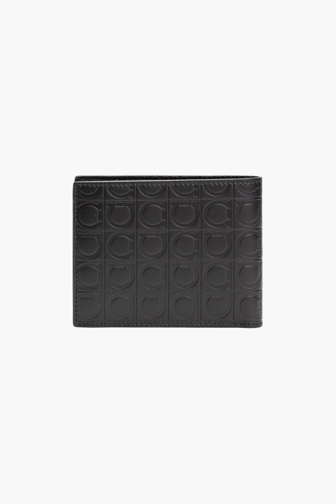 Salvatore Ferragamo Black Leather Wallet with Embossed Gancini Pattern, Made in Italy