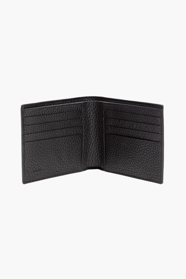 Salvatore Ferragamo Black Leather Wallet with Embossed Gancini Pattern, Made in Italy