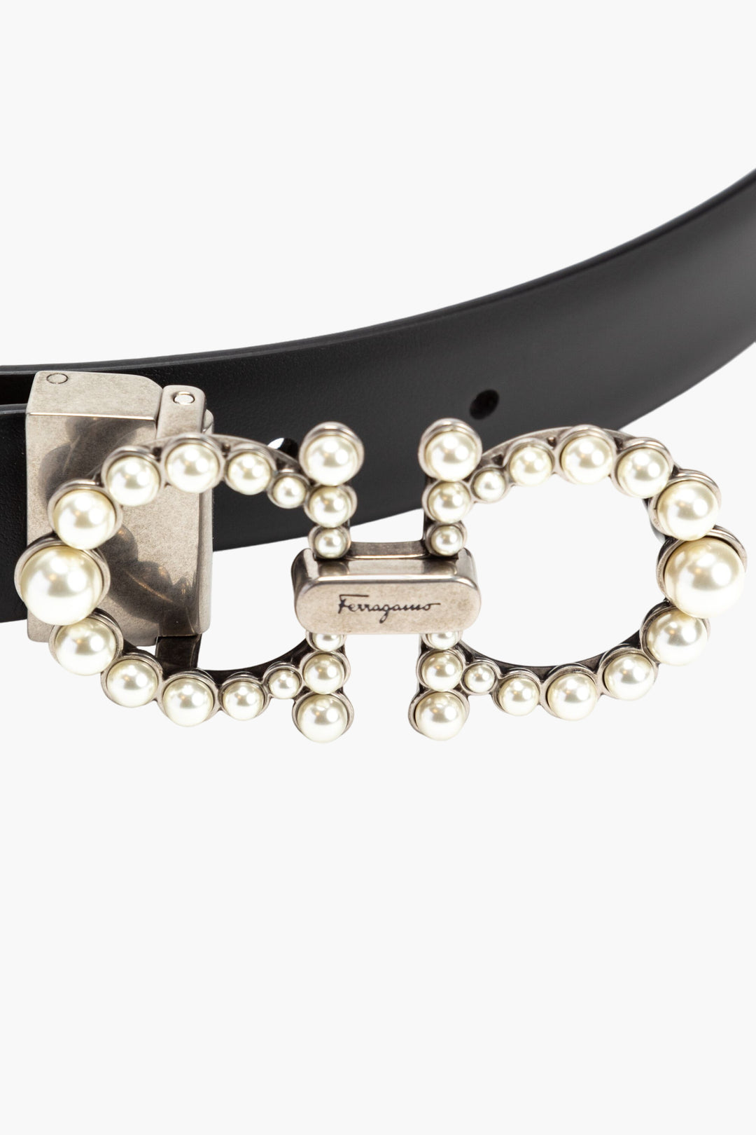 Salvatore Ferragamo Black Leather Belt with Pearl-Accented Gancini Buckle