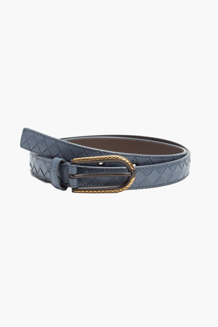 Bottega Veneta Blue Leather Belt with Intrecciato Design