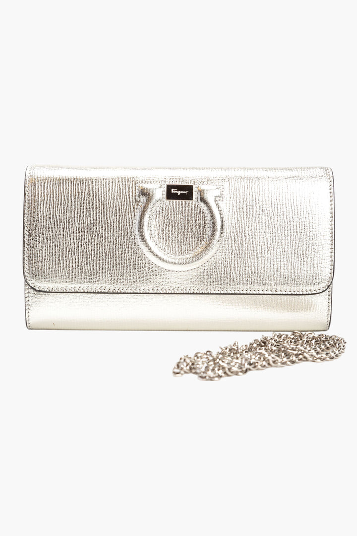 Salvatore Ferragamo Silver Bag - Luxurious Metallic Finish with Chic Chain Strap, Made in Italy