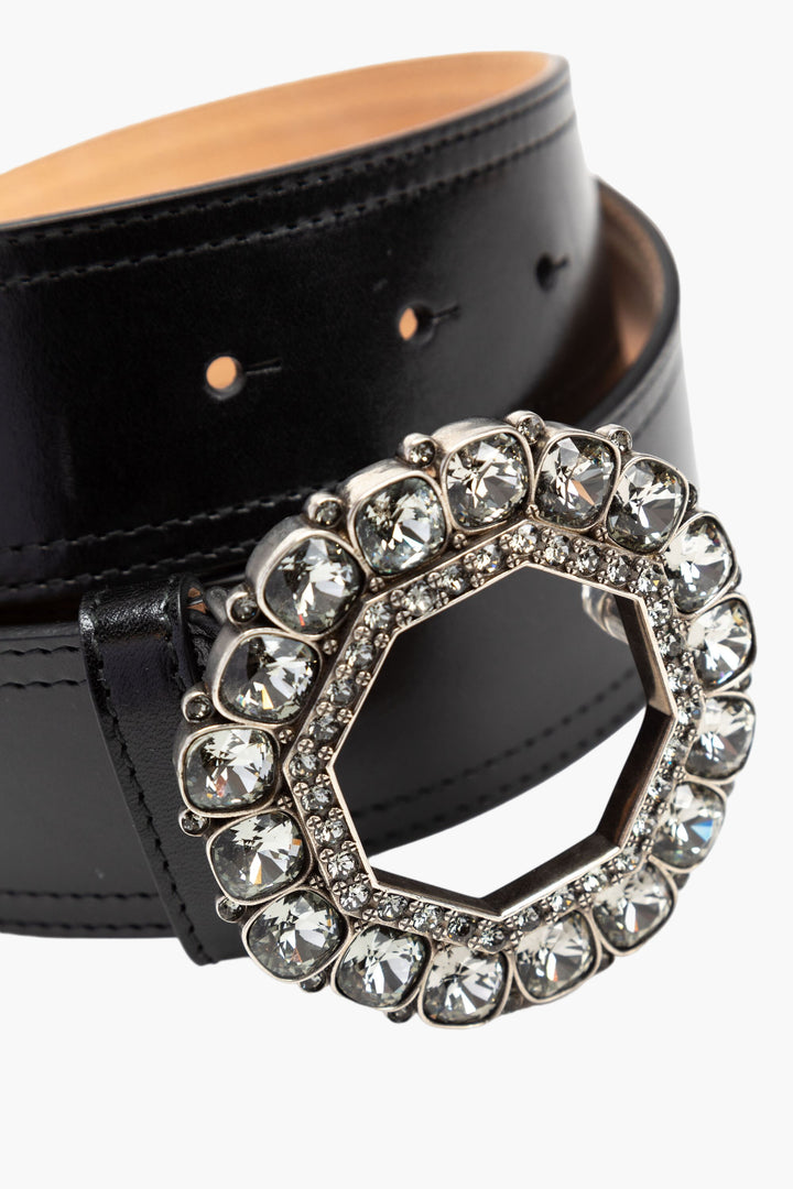 Cintura in pelle nera Alexander McQueen con fibbia decorata - Made in Italy