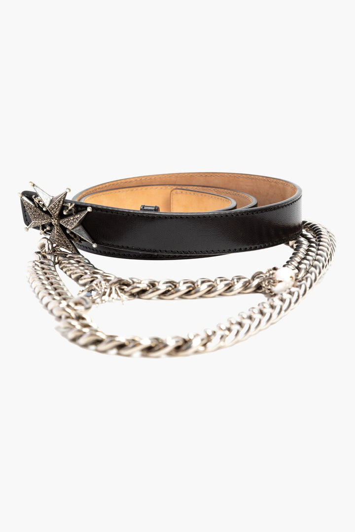 Alexander McQueen Black Leather Belt with Chain Detail and Studded Buckle