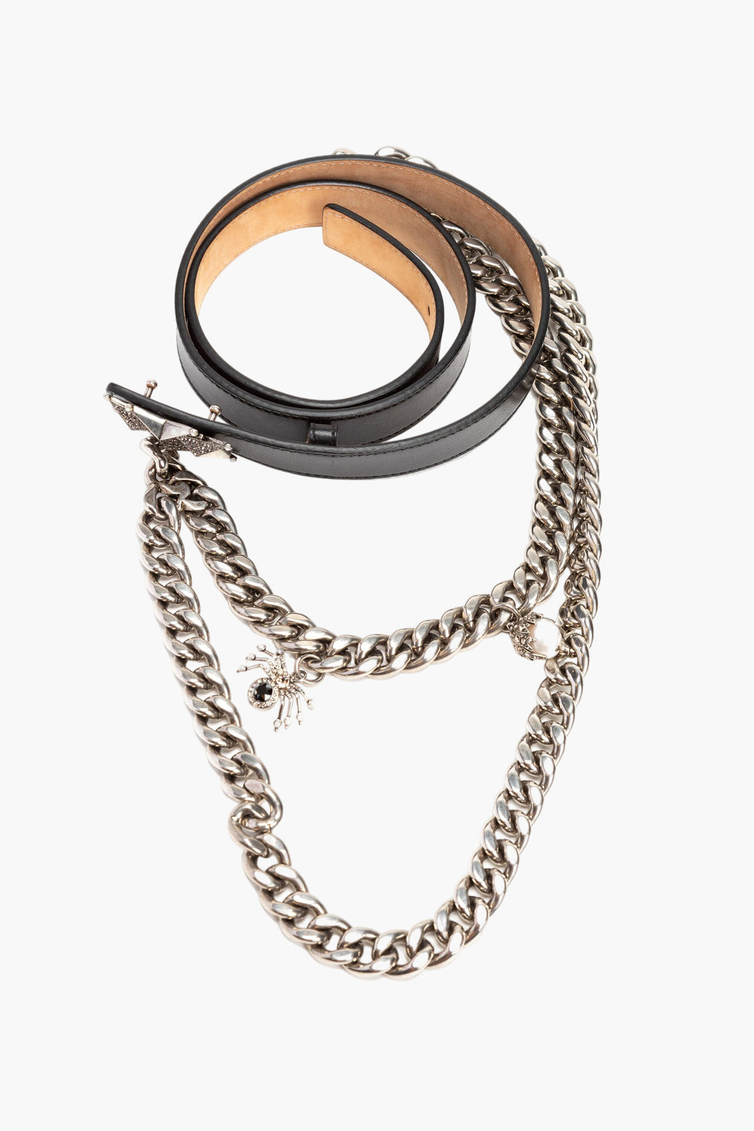 Alexander McQueen Black Leather Belt with Chain Detail and Studded Buckle