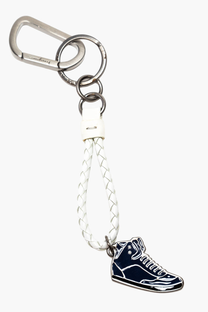 Salvatore Ferragamo White Braided Leather Keychain with Sneaker Charm - Made in Italy