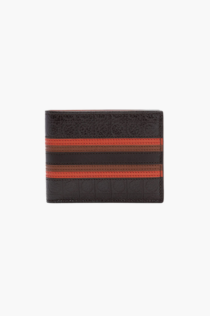 Salvatore Ferragamo Brown-Orange Stripe Accent Leather Wallet - Made in Italy