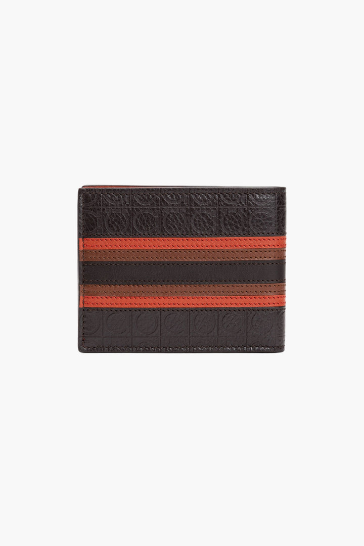 Salvatore Ferragamo Brown-Orange Stripe Accent Leather Wallet - Made in Italy