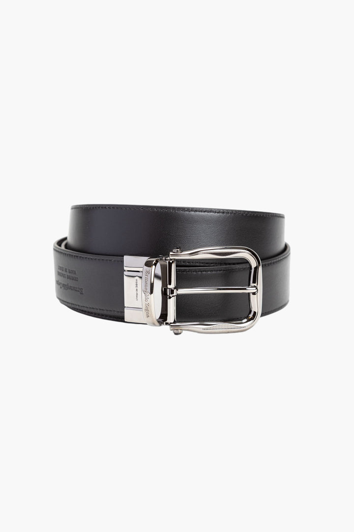 Ermenegildo Zegna Black Leather Belt with Polished Buckle