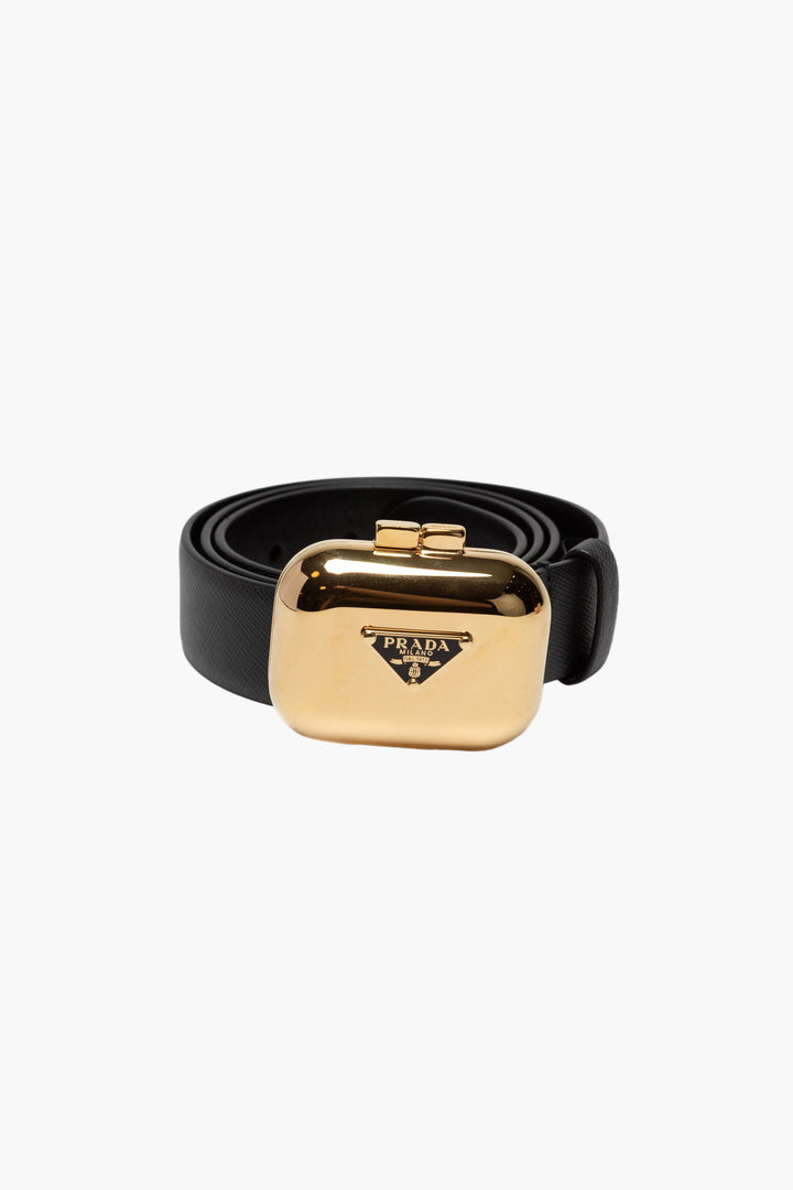 Prada Black-Gold Belt with Iconic Logo Buckle - Made in Italy