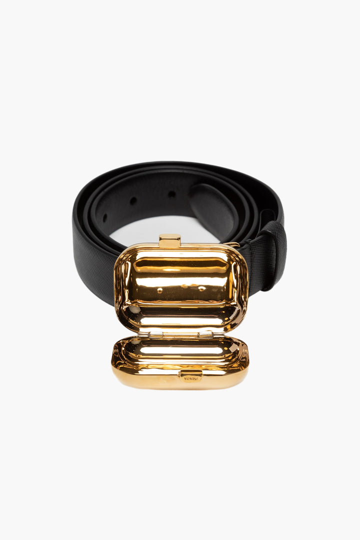 Prada Black-Gold Belt with Iconic Logo Buckle - Made in Italy