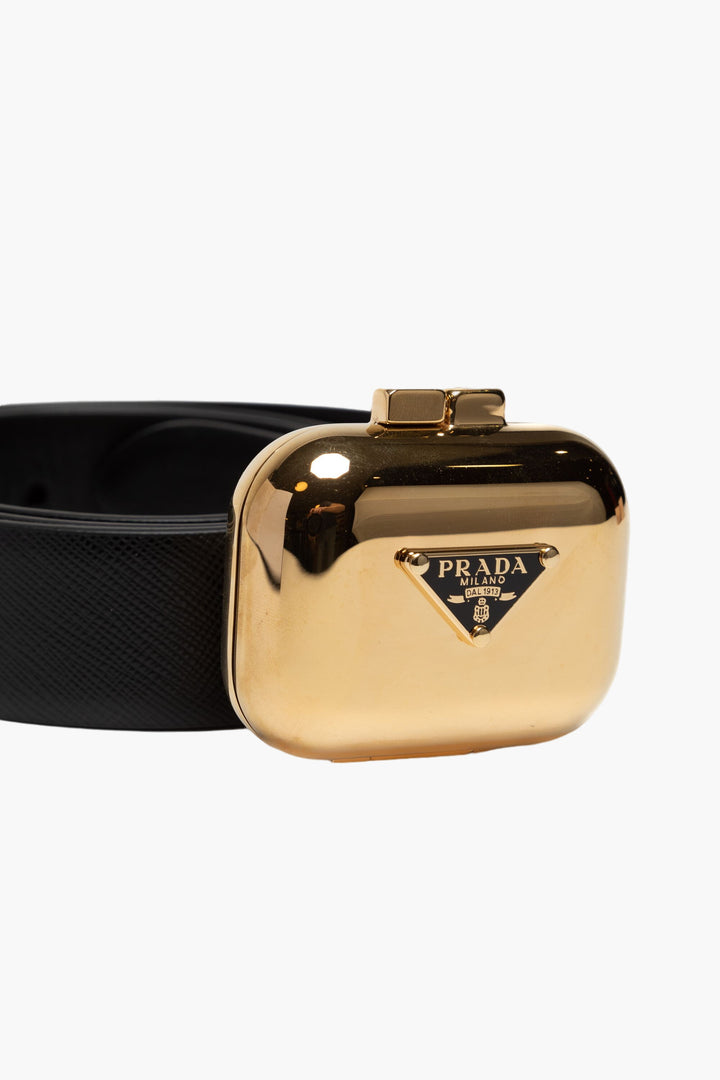 Prada Black-Gold Belt with Iconic Logo Buckle - Made in Italy