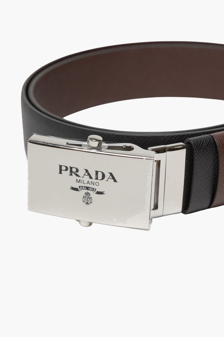 Cintura Prada in pelle nera-marrone con fibbia argentata - Made in Italy