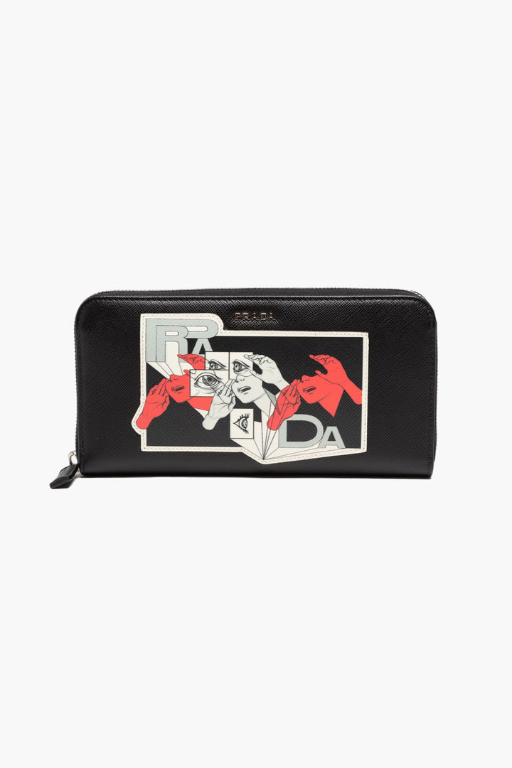 Prada Graphic Print Leather Wallet - Black-Multi