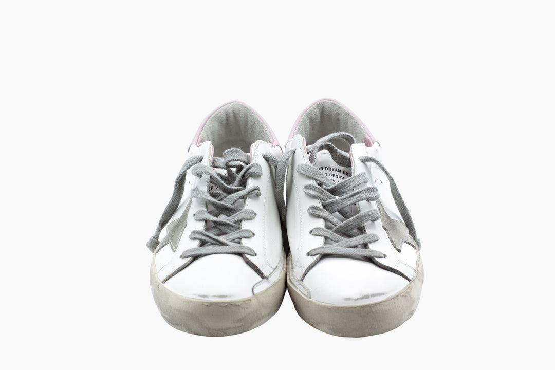 Golden Goose Women's Distressed White-Pink Leather Sneakers Made in Italy