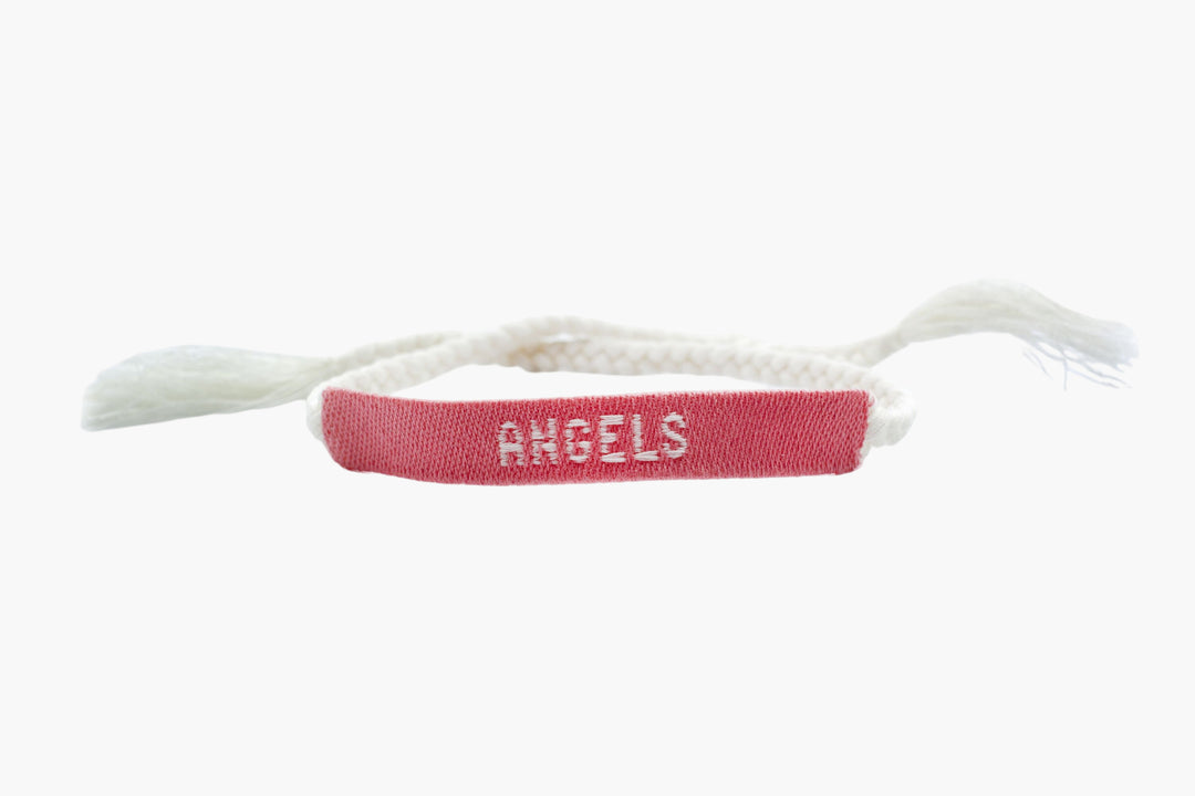 Palm Angels Bijoux Bracelet - Pink-White Woven Band with Iconic 'ANGELS' Label