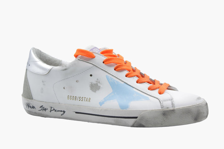 Golden Goose White-Multi Distressed Sneakers with Orange Laces and Signature Star Motif