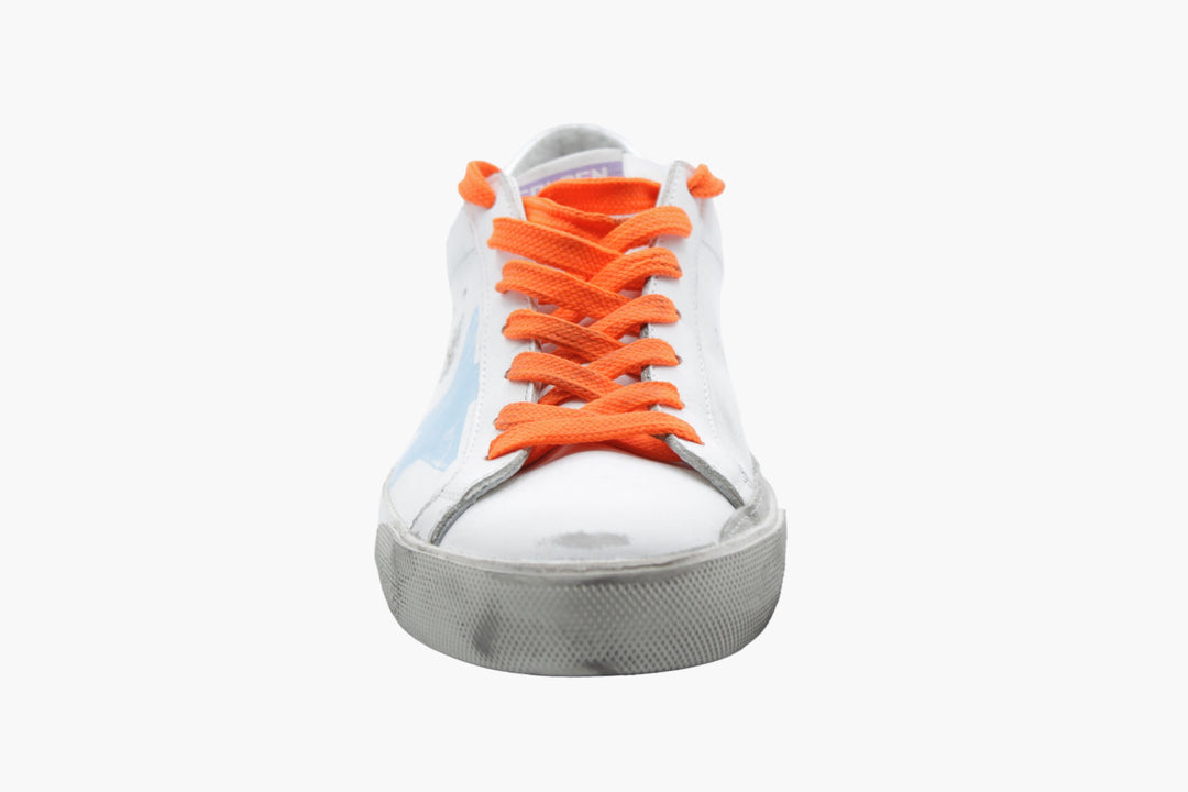 Golden Goose White-Multi Distressed Sneakers with Orange Laces and Signature Star Motif