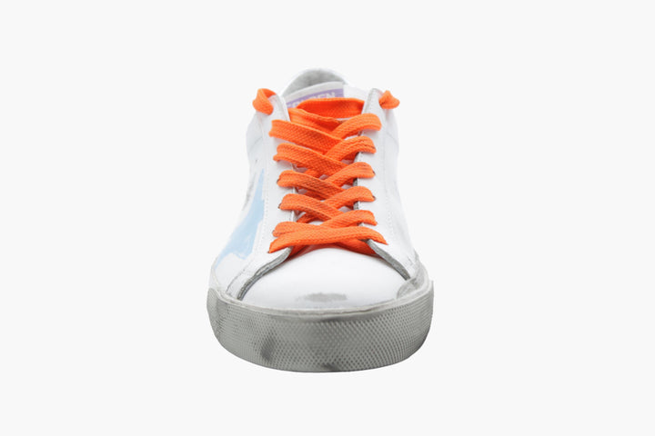 Golden Goose White-Multi Distressed Sneakers with Orange Laces and Signature Star Motif