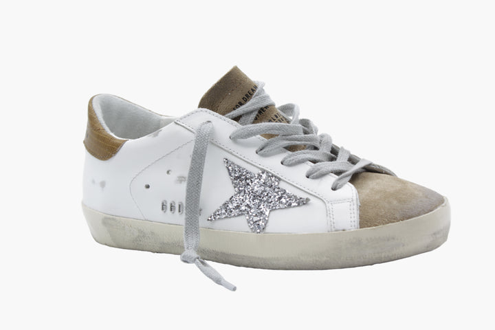 Golden Goose White-Brown Sneakers - Made in Italy with Star Patch and Scuffed Finish