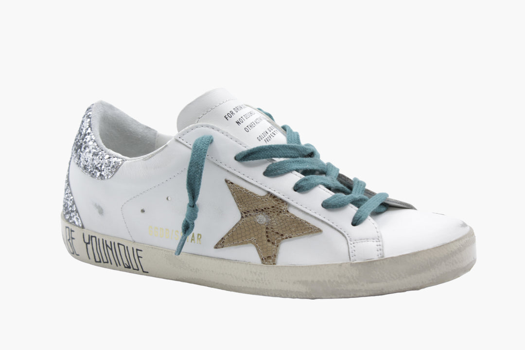 Golden Goose Women's White-Multi Leather Sneakers with Glitter Details - Made in Italy