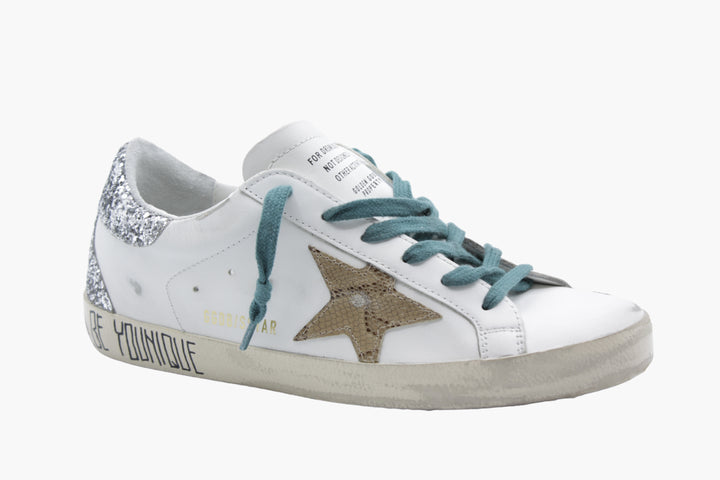 Golden Goose Women's White-Multi Leather Sneakers with Glitter Details - Made in Italy