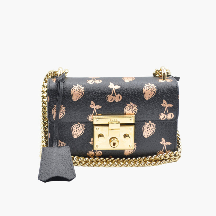 Gucci Black-Bronze Bag with Fruit Motif and Gold Lock Detail