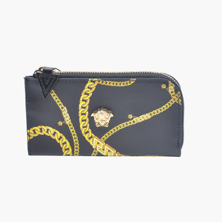 Versace Black and Gold Medusa Emblem Wallet with Chain Patterns