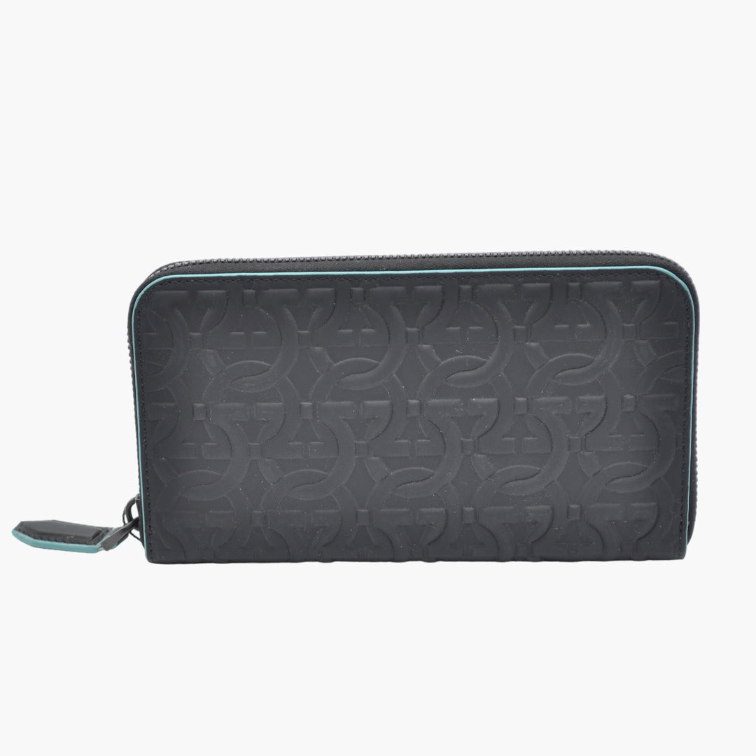 Salvatore Ferragamo Black-Turquoise Leather Wallet with Iconic Embossed Pattern