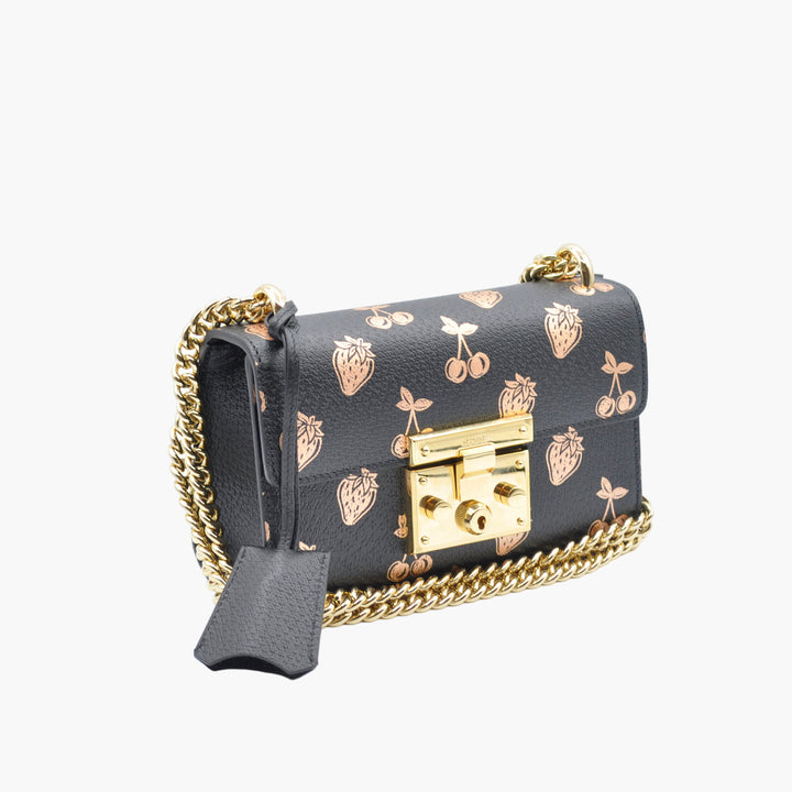 Gucci Black-Bronze Bag with Fruit Motif and Gold Lock Detail