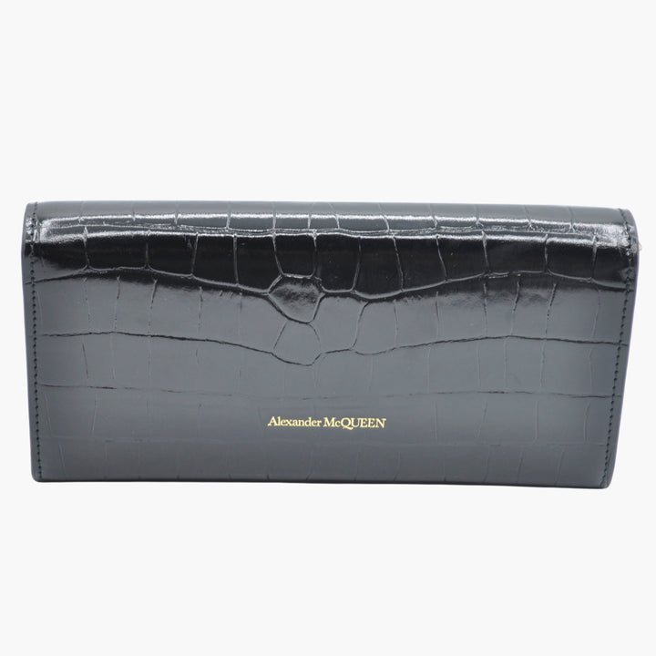 Alexander McQueen Black Crocodile-Embossed Leather Wallet with Gold Skull Motif