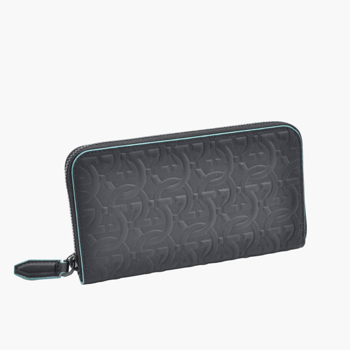 Salvatore Ferragamo Black-Turquoise Leather Wallet with Iconic Embossed Pattern