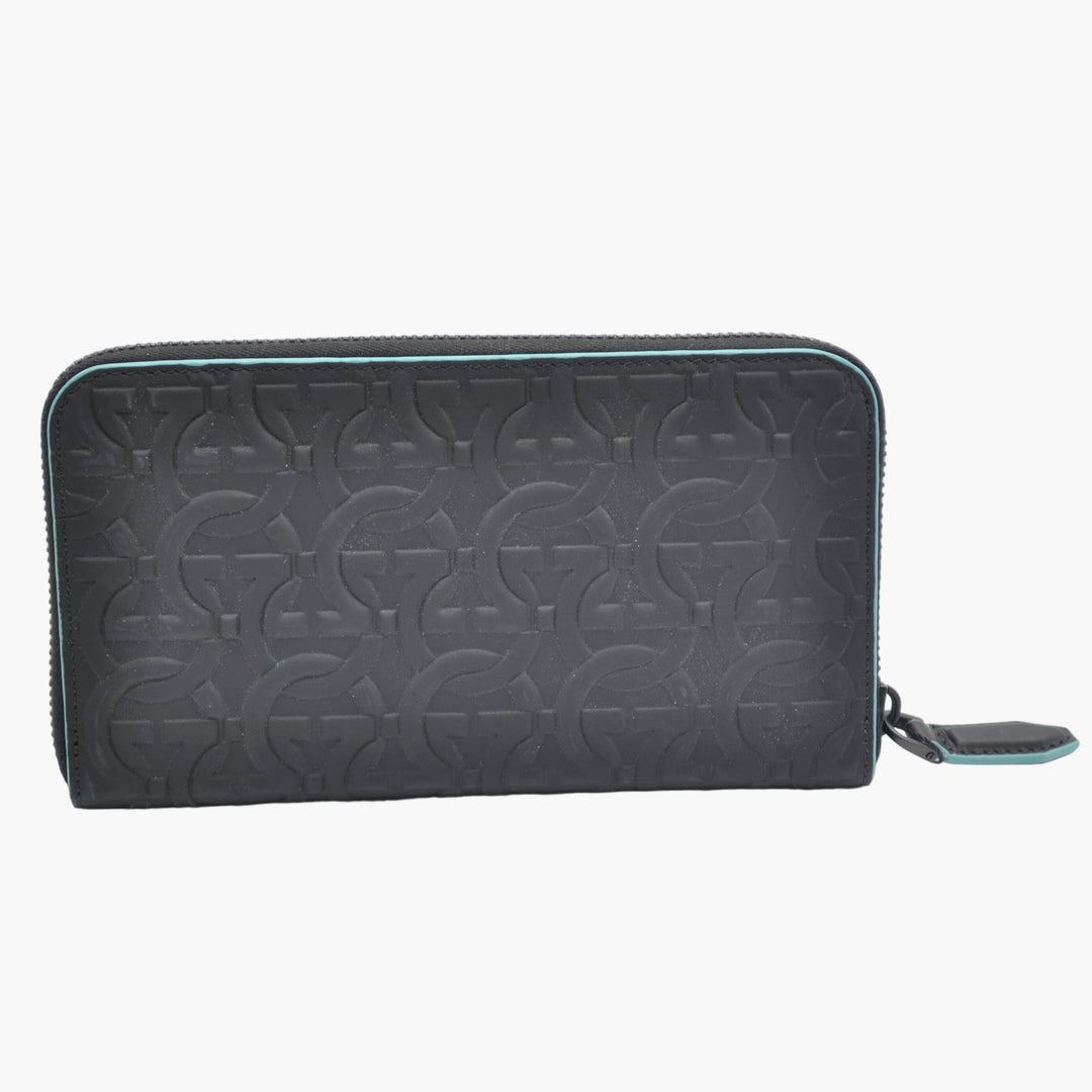 Salvatore Ferragamo Black-Turquoise Leather Wallet with Iconic Embossed Pattern