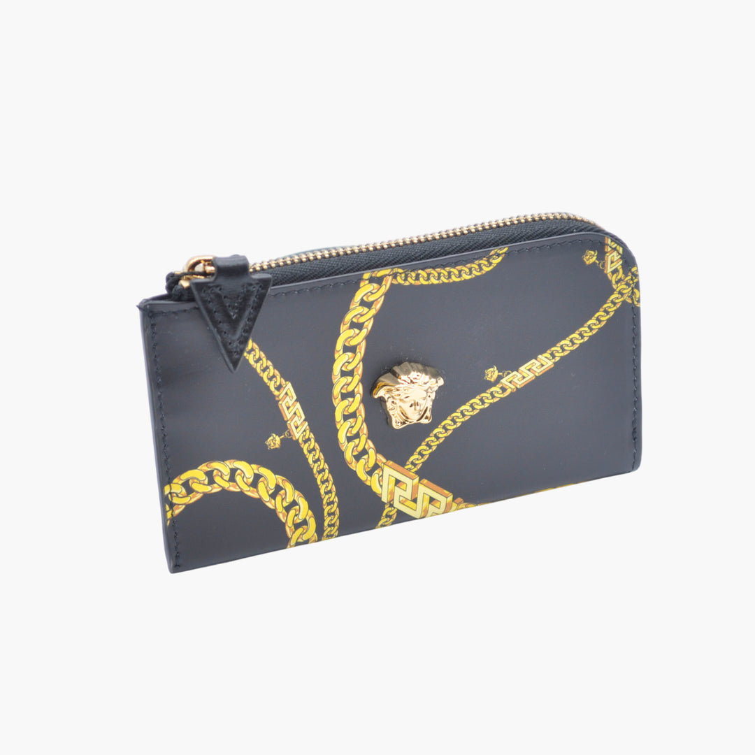 Versace Black and Gold Medusa Emblem Wallet with Chain Patterns