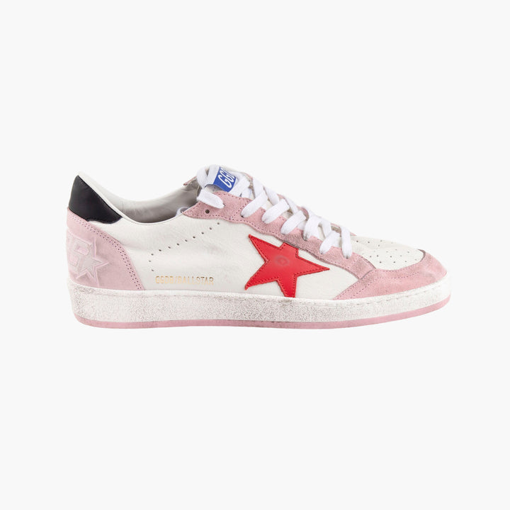 Golden Goose Italian Leather Sneakers with Red Star Detail - White-Pink