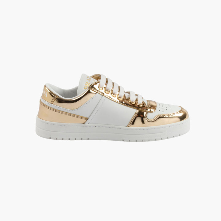 Prada Women's White-Gold Leather Sneakers with Metallic Accents