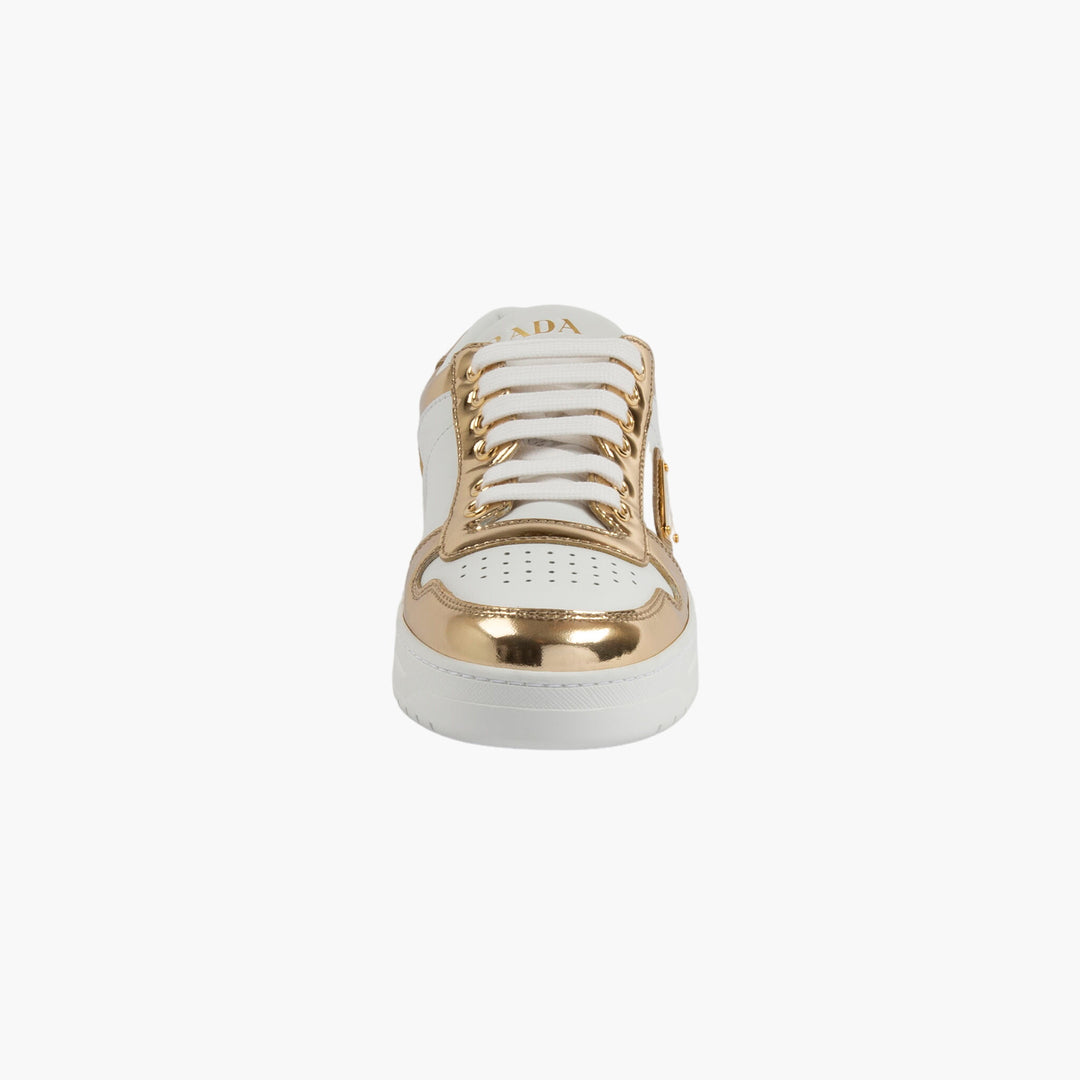 Prada Women's White-Gold Leather Sneakers with Metallic Accents