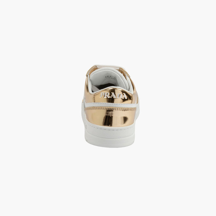 Prada Women's White-Gold Leather Sneakers with Metallic Accents